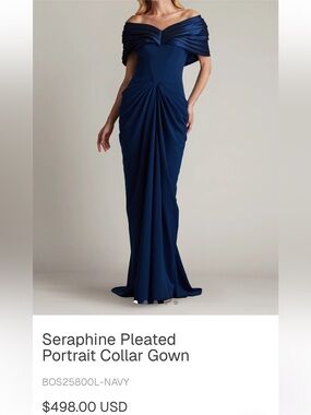Tadashi Shoji Seraphine Pleated Navy Off-Shoulder Maxi Gown